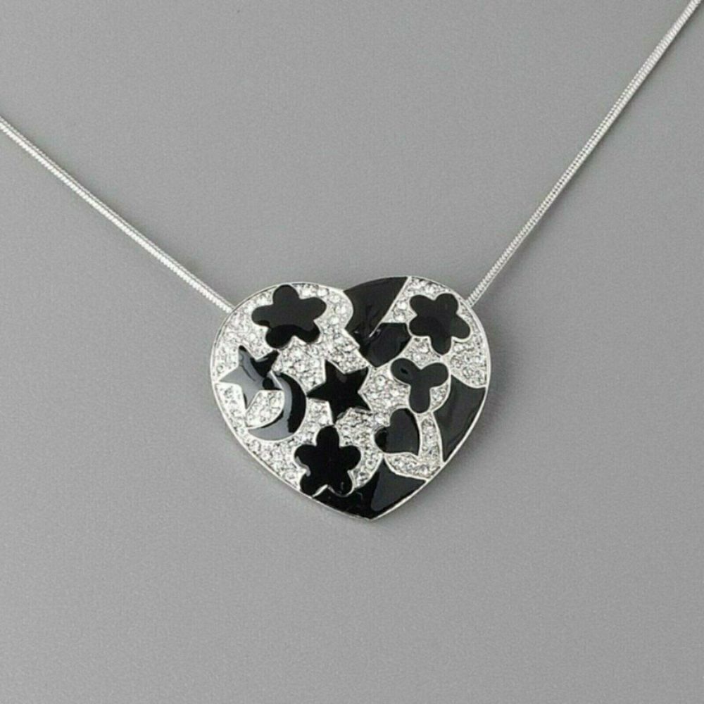 Black Enamel Pave Austrian Crystal Heart Pendant Silver Snake Chain Necklace